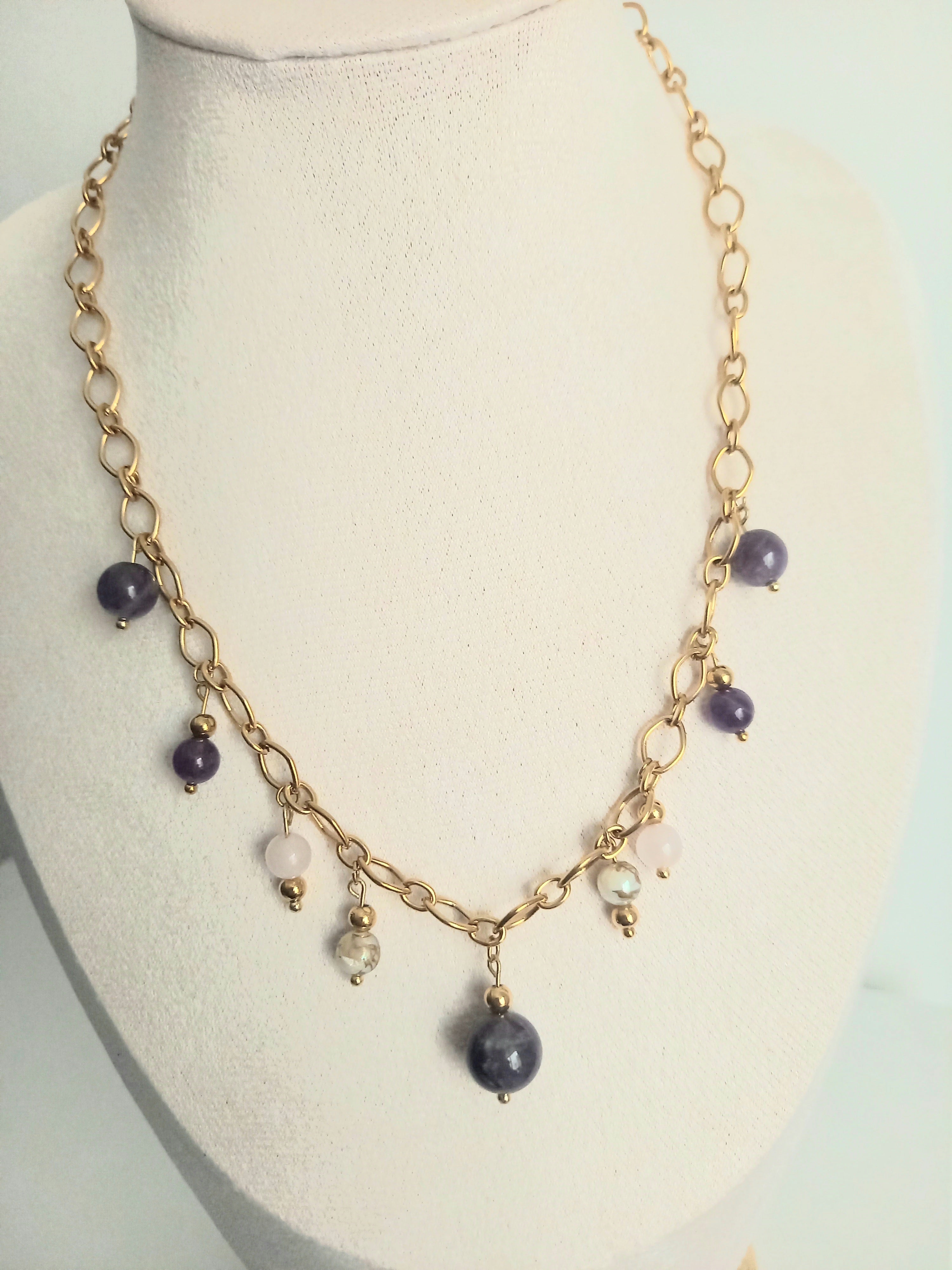 Collier Améthyste & Quartz Rose - Pierres Naturelles Acier Inoxydable  violetta 40cm