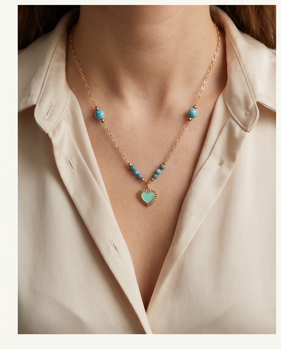 Collier lithotherapie pierre naturelle apatite , acier inoxydable Aline