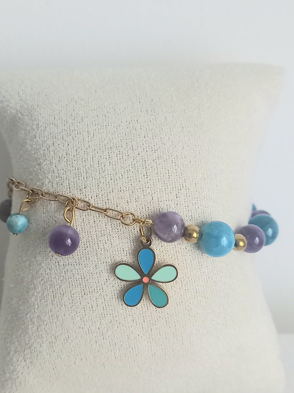 Bracelet améthyste apatite fleur - Pierres naturelles acier inoxydable