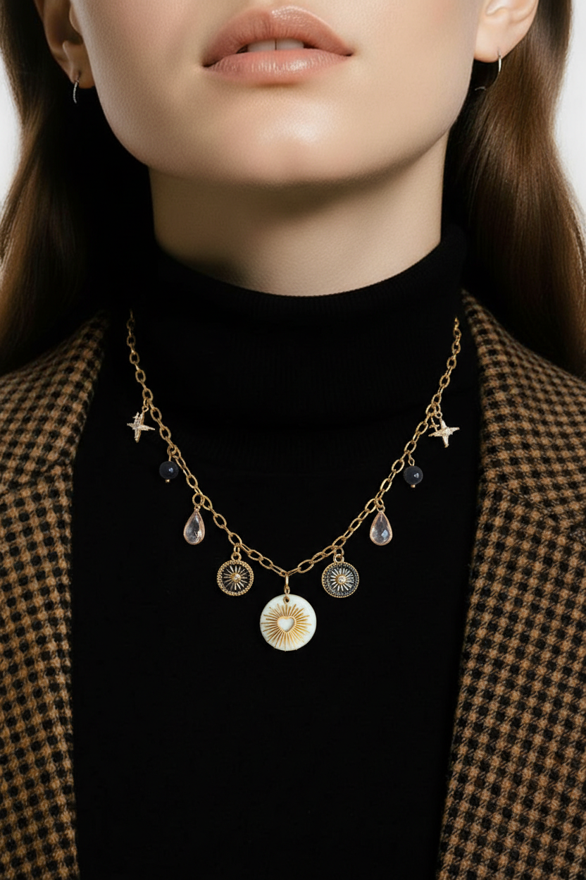 Collier Bianca Tendance - Breloques Cristal Acier Inoxydable Bohème 40cm