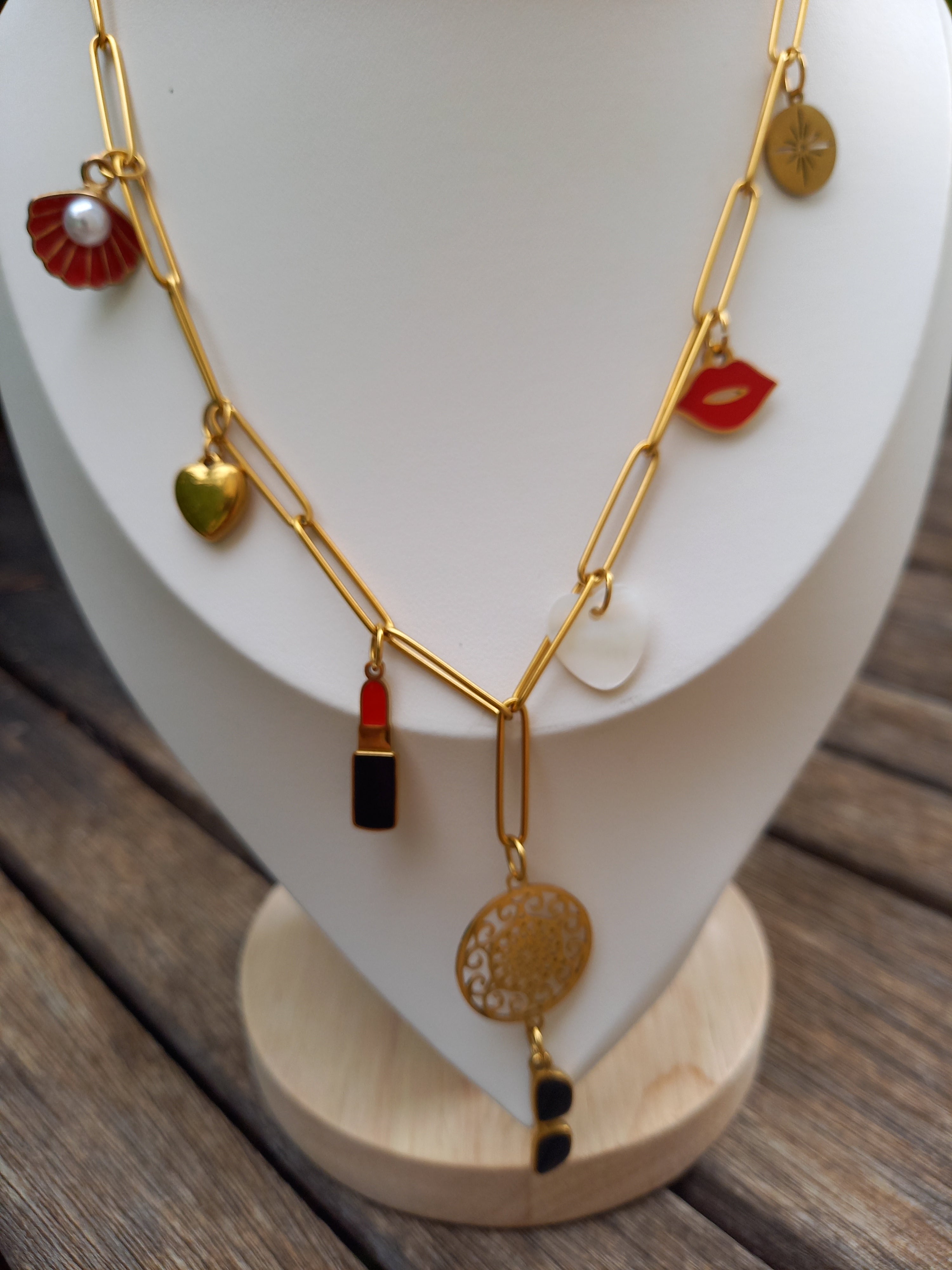 Collier Breloques Acier Inoxydable - Émail Nacre Élégant