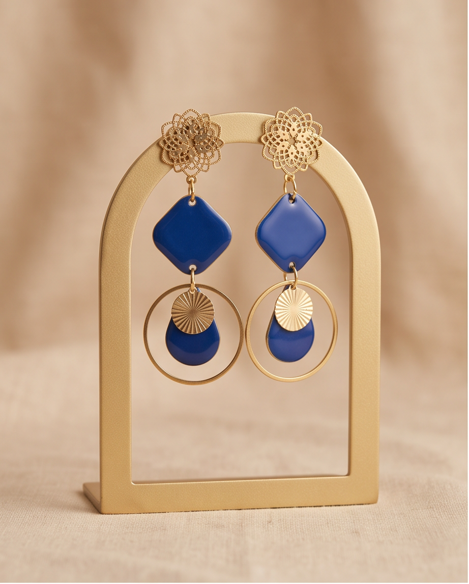 Boucles d'oreilles Bleu Marine & Or – Acier Inoxydable | Fait Main France