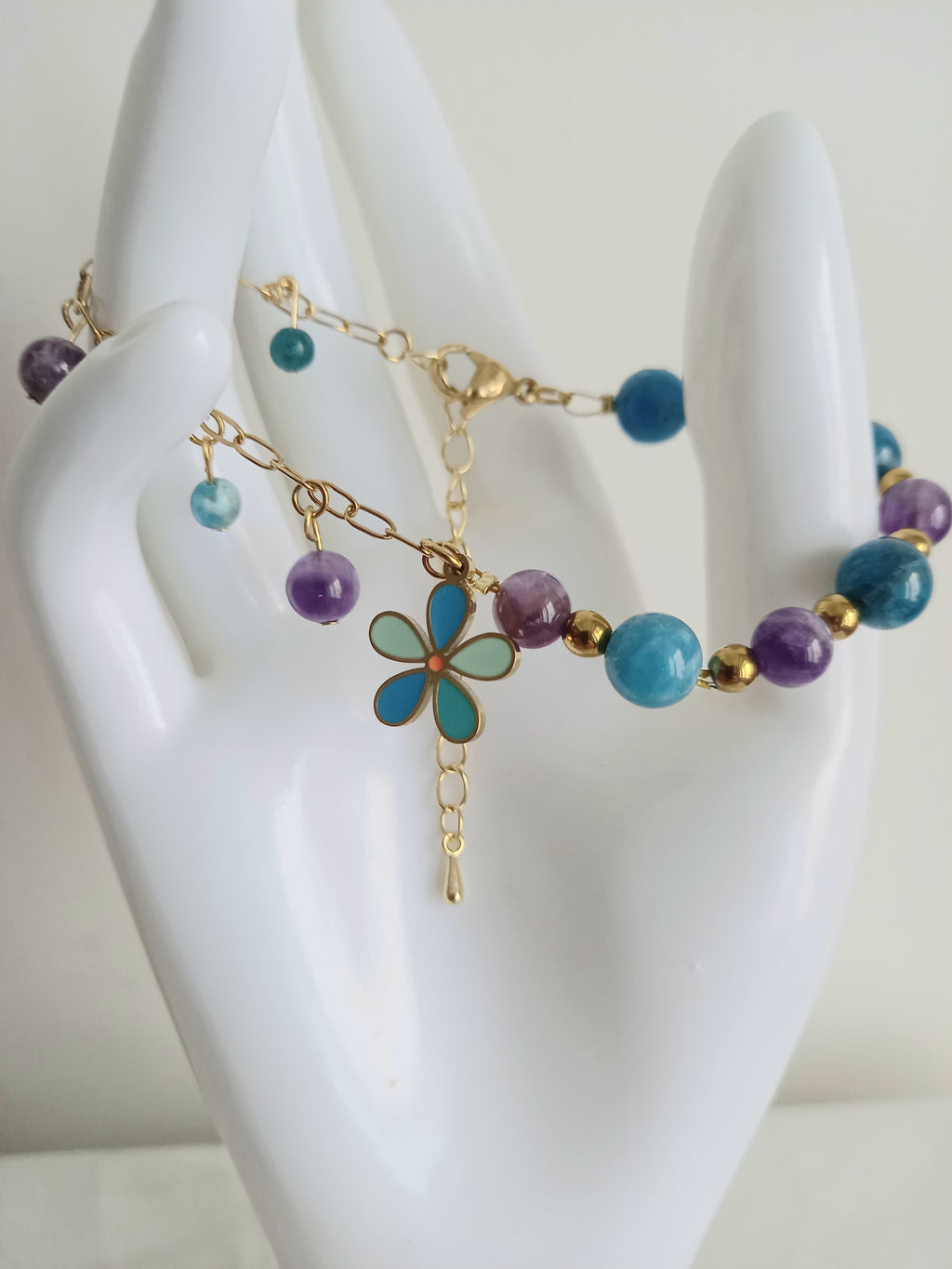 Bracelet améthyste apatite fleur - Pierres naturelles acier inoxydable