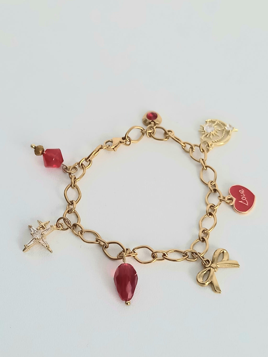 Bracelet Rouge & Or - Breloques Verre Bohème Femme Fait Main