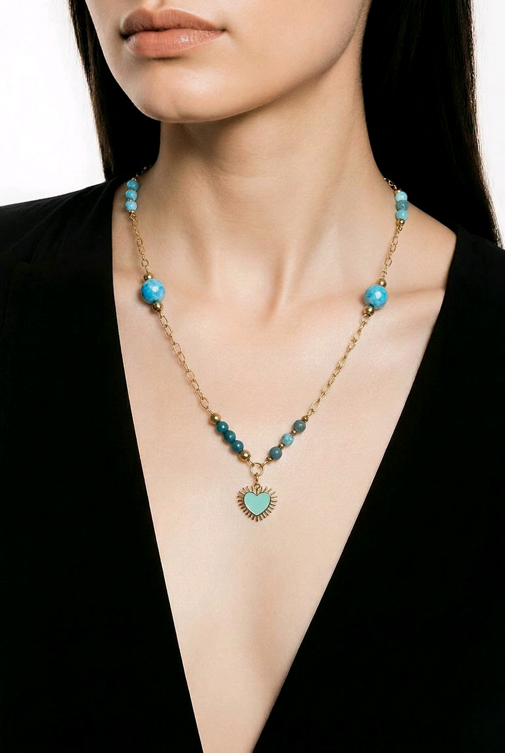 Collier lithotherapie pierre naturelle apatite , acier inoxydable Aline