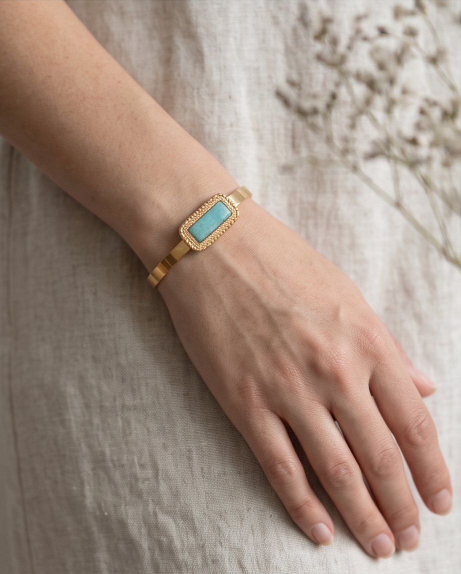Bracelet jonc Vera amazonite - Acier inoxydable ajustable