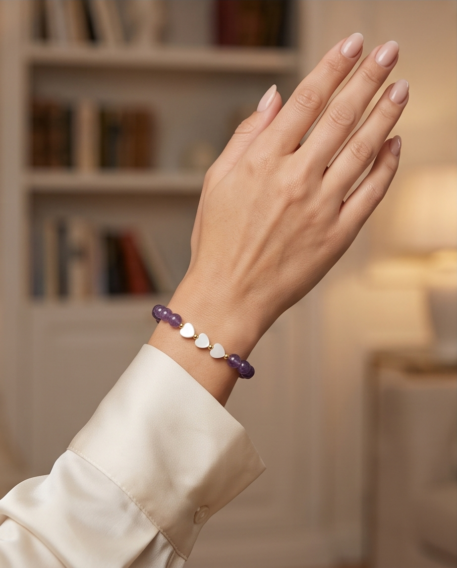 Bracelet lithothérapie améthyste - Cœurs nacre acier inoxydable 15cm