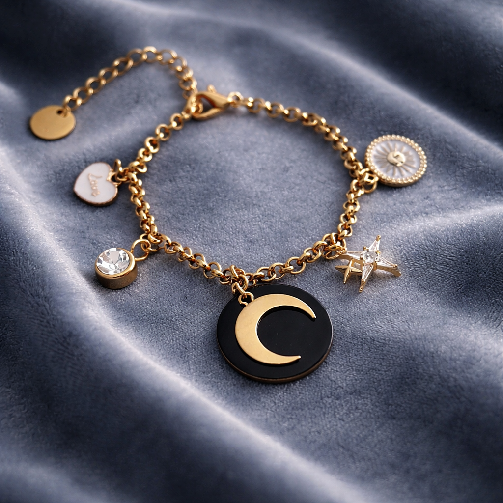 Bracelet Luna breloques - Chaîne acier inoxydable émail 16cm