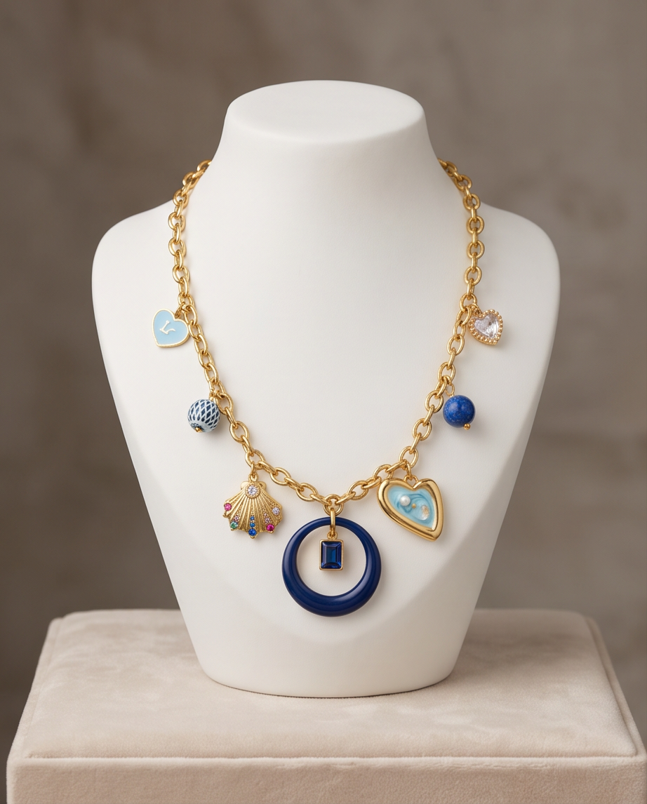 Collier Marina Bleu & Or — Breloques Verre Marbre Lithothérapie Bohème Femme