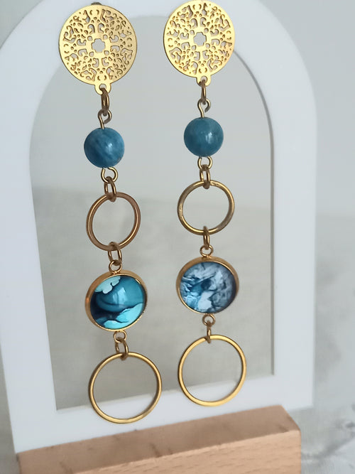 Boucles d'oreilles bleu et or apatite - Cabochon acier inoxydable