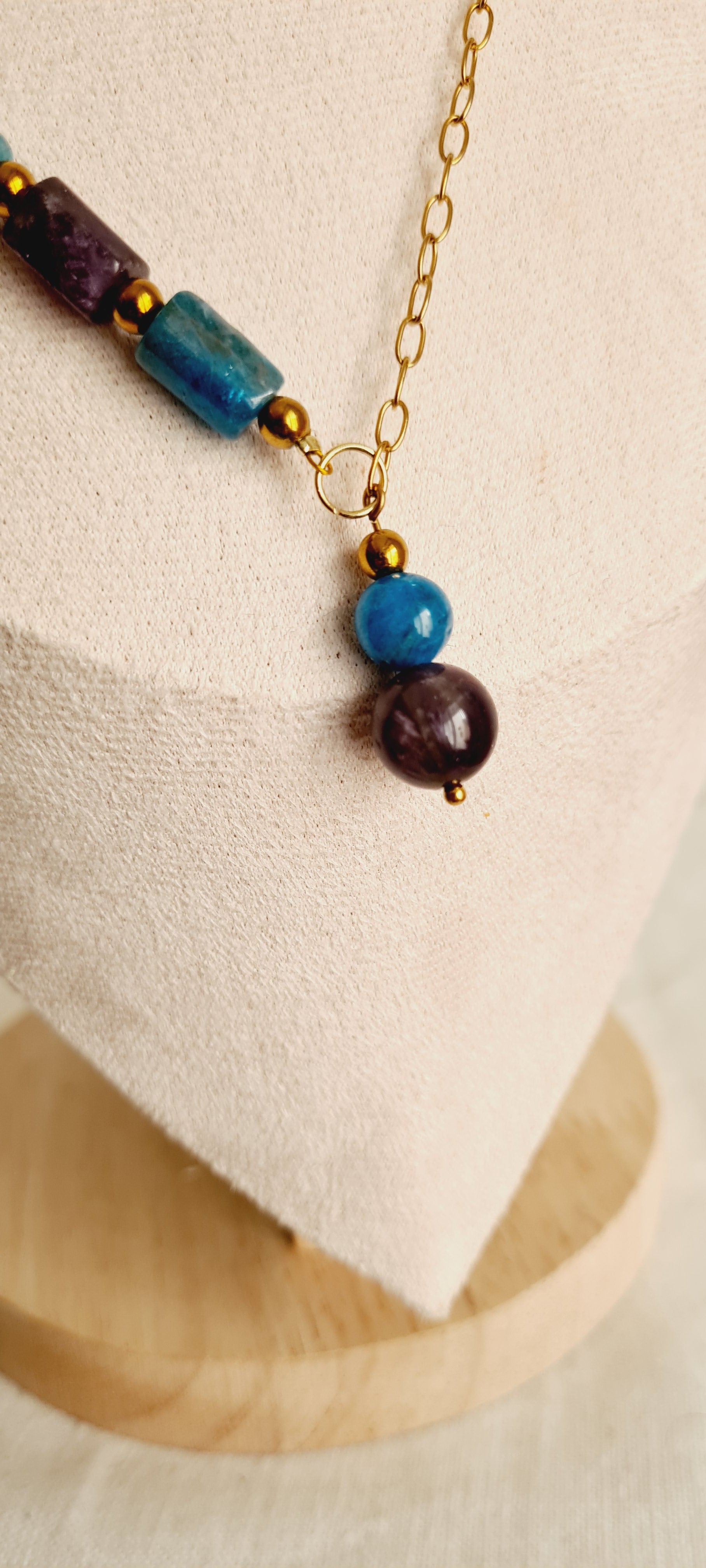 Collier lithotherapie améthyste apatite acier inoxydable lisa