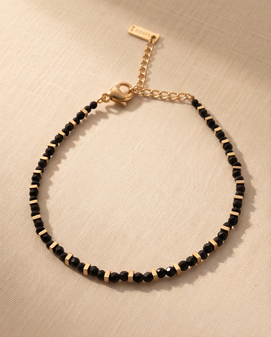 Bracelet agate noire placage ionique - Perles 3mm acier inoxydable nina