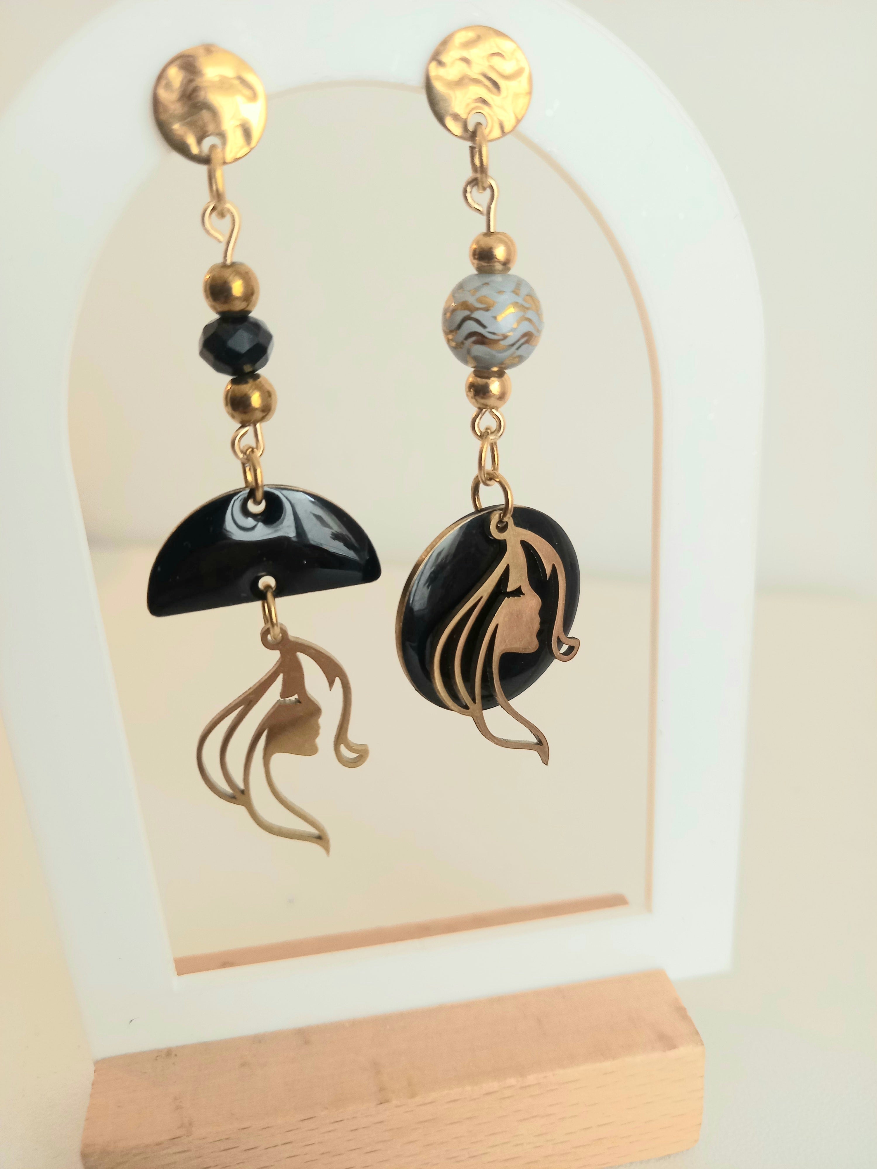Boucles d'oreilles noir et doré - Breloques acier inoxydable émail