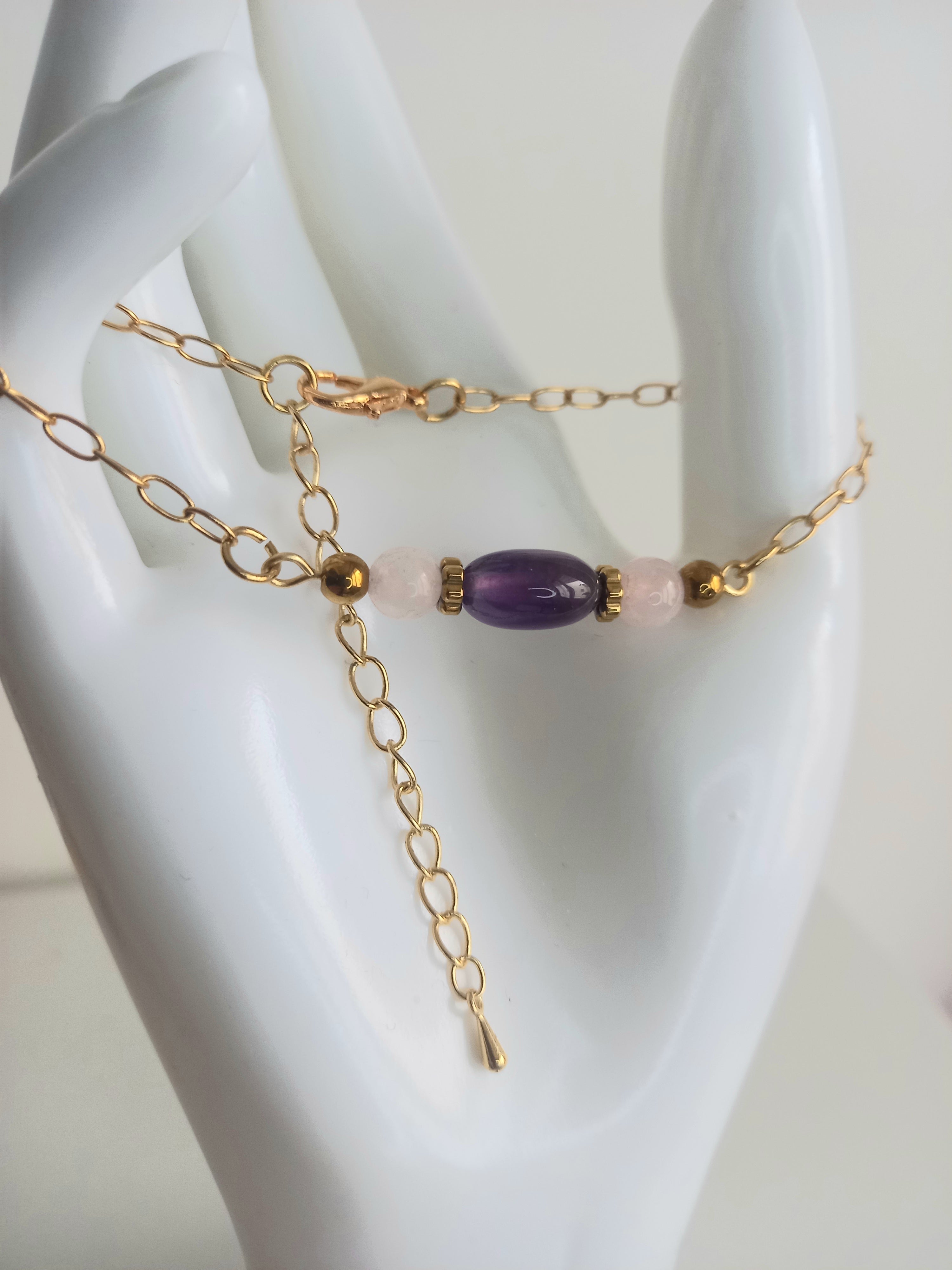 Bracelet améthyste quartz rose - Pierres naturelles acier inoxydable
