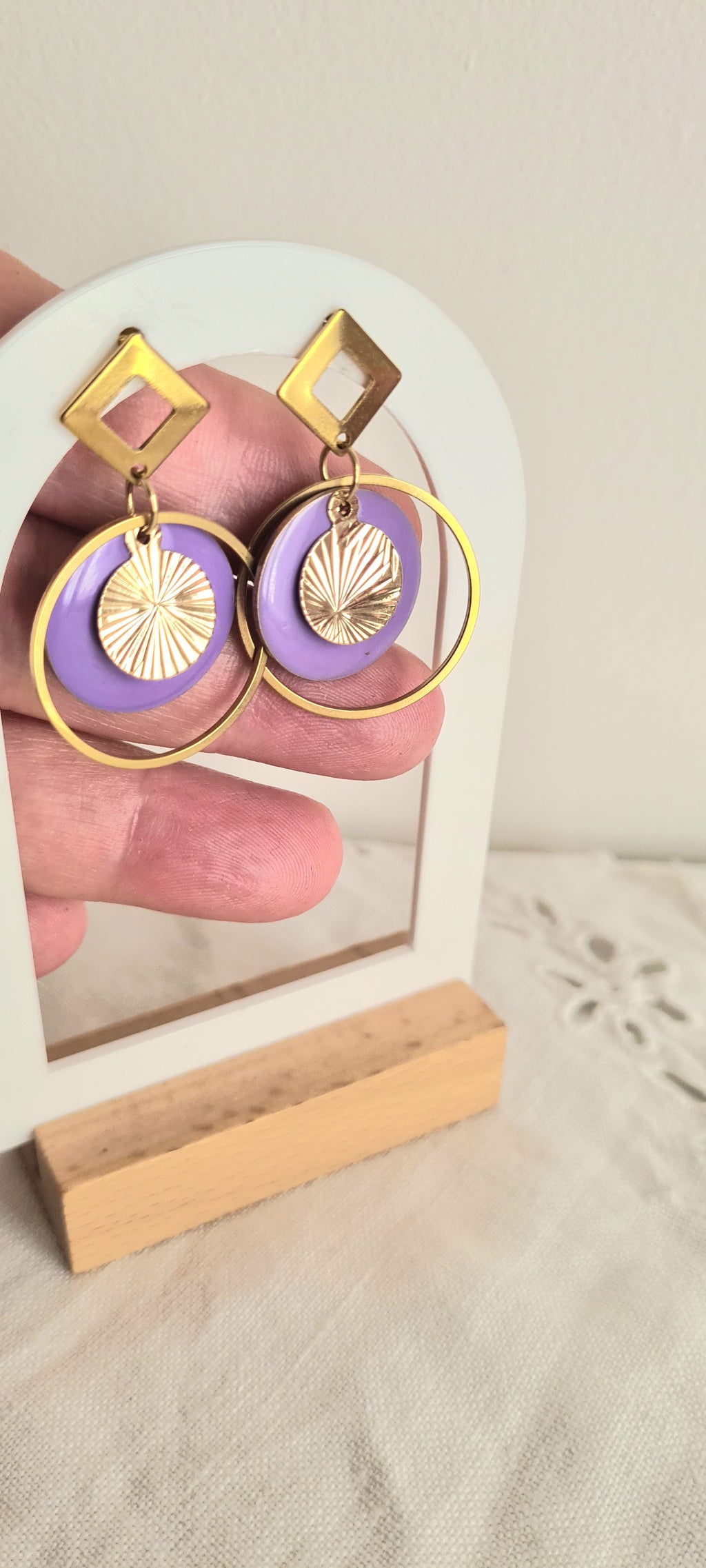 Boucles d'oreilles violettes en émail – Acier inoxydable | Bijou bohème fait main