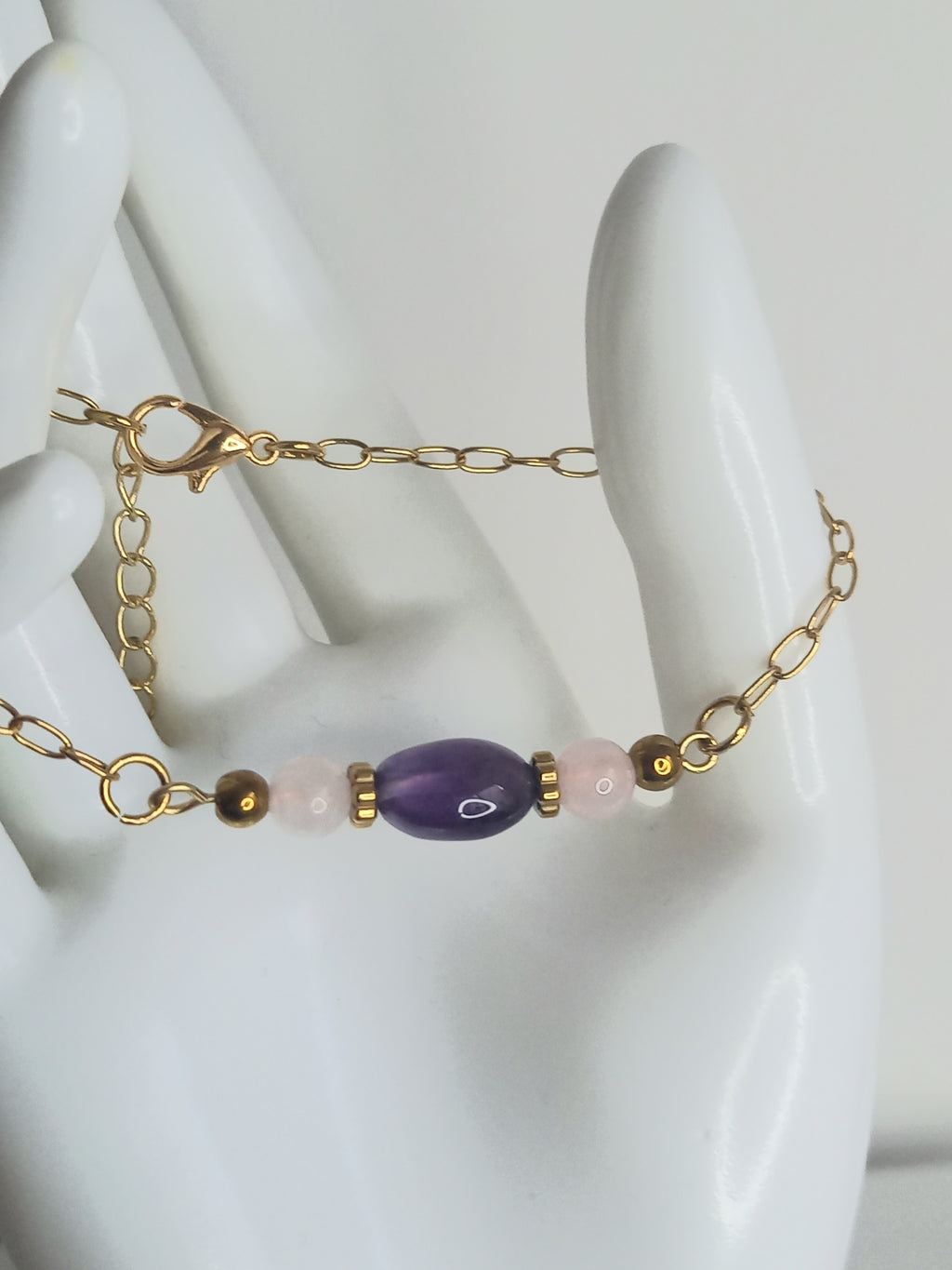 Bracelet améthyste quartz rose - Pierres naturelles acier inoxydable