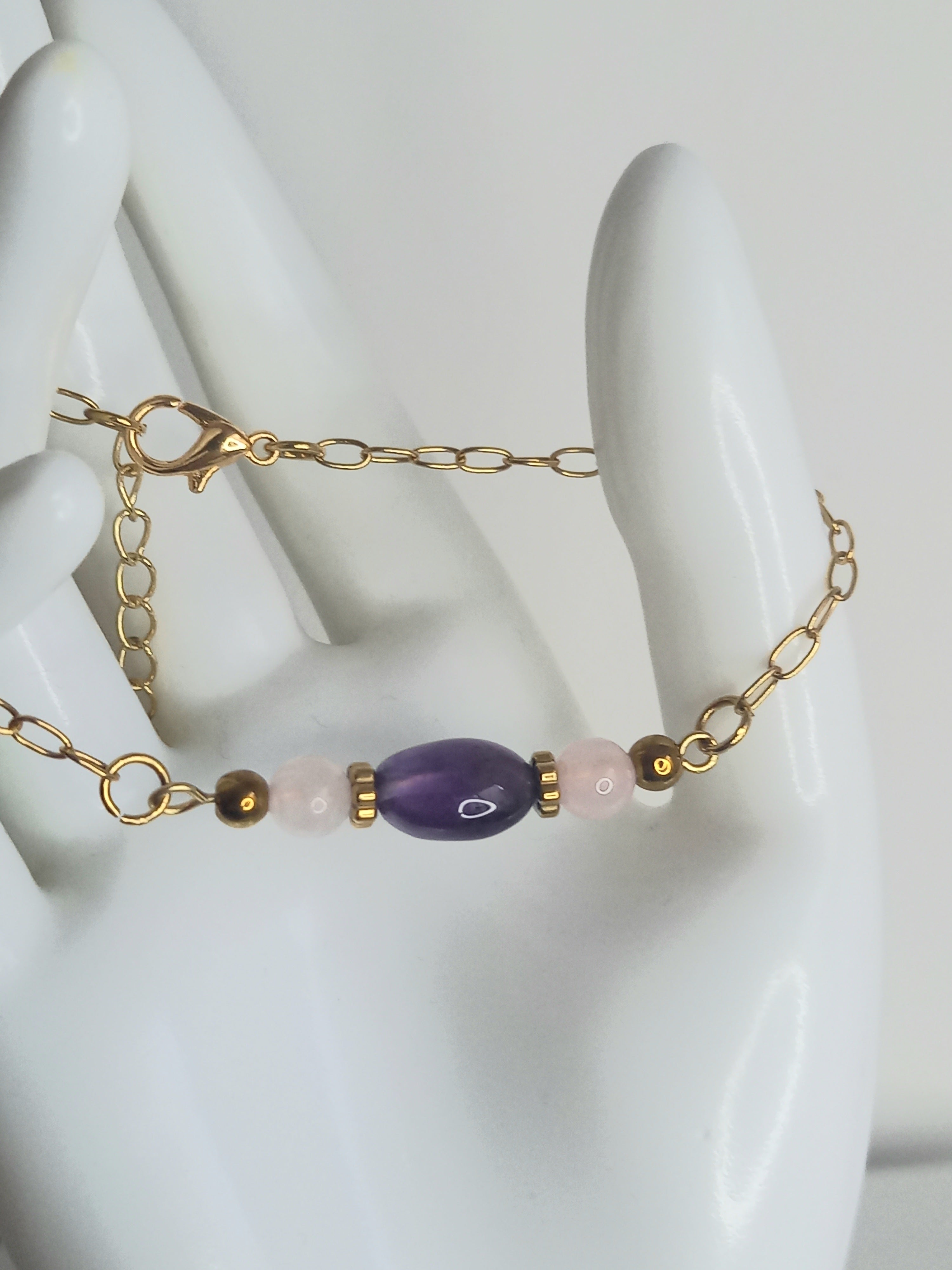 Bracelet améthyste quartz rose - Pierres naturelles acier inoxydable