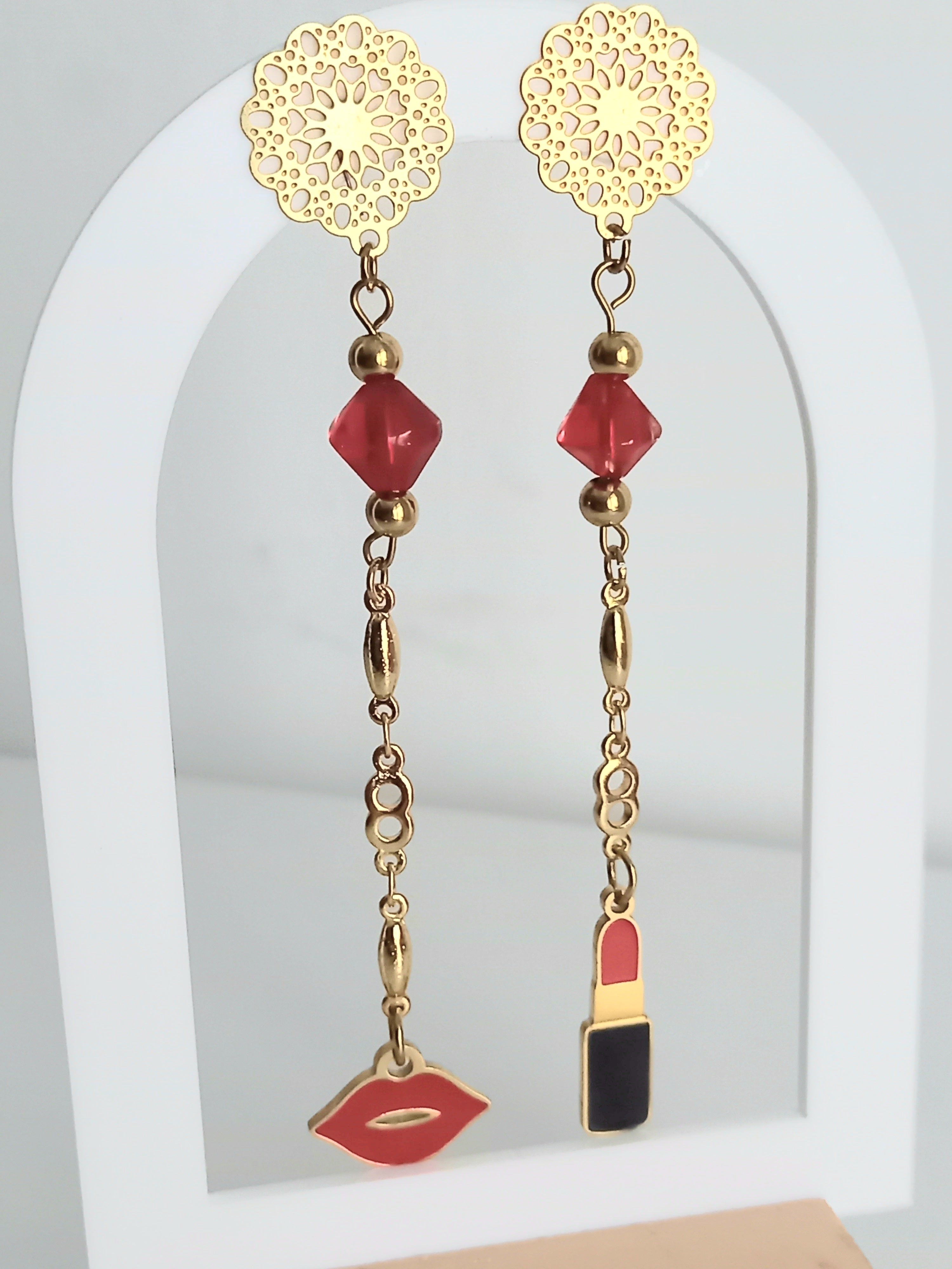 Boucles d'oreilles rouge et or - Plaqué or perles verre émail