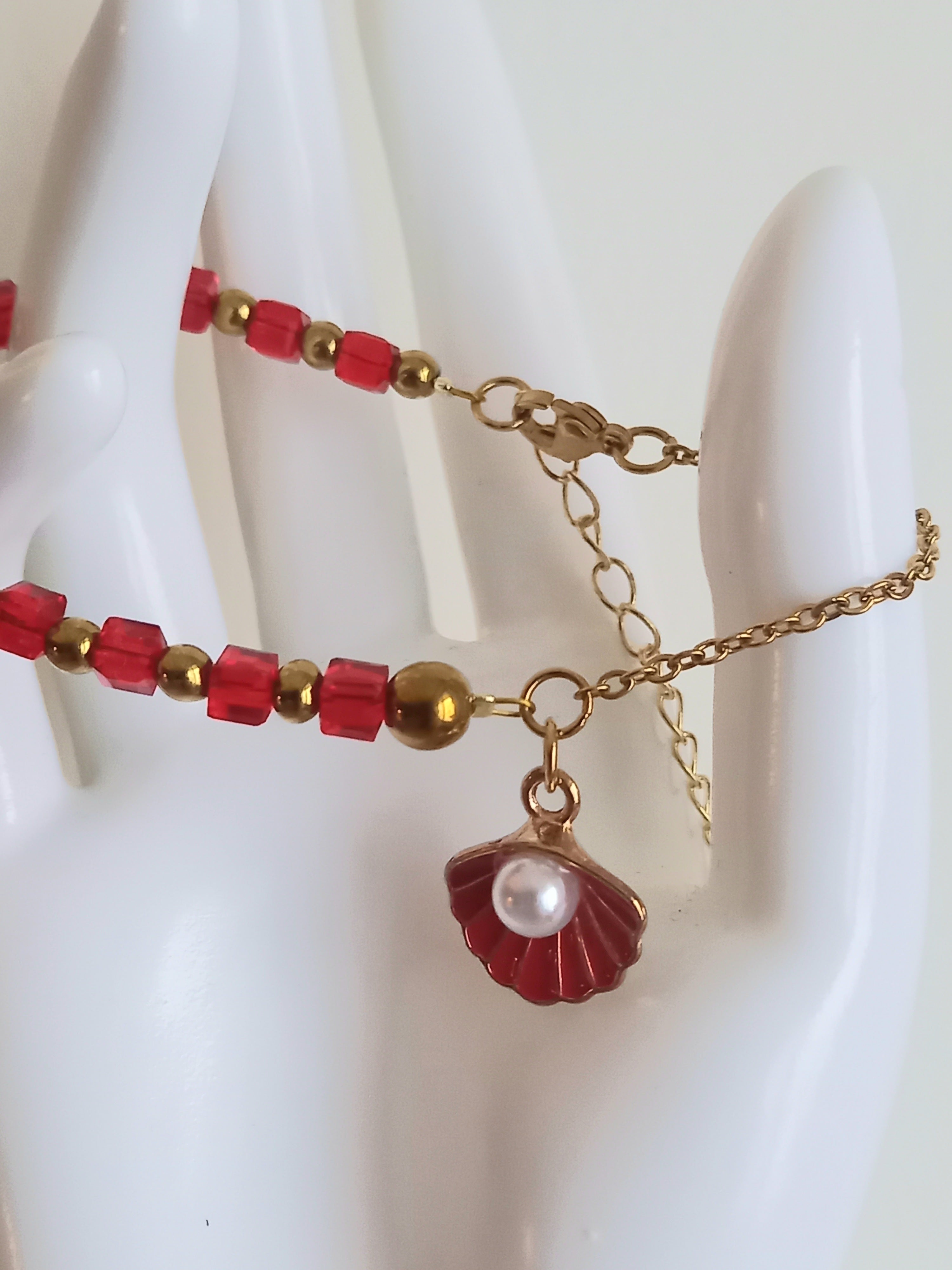 Bracelet en acier inoxydable,perles  verre , rouge passion