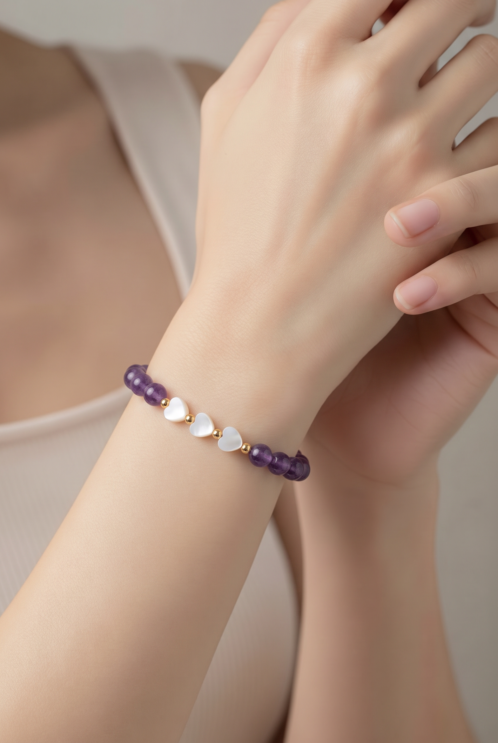 Bracelet lithothérapie améthyste - Cœurs nacre acier inoxydable 15cm
