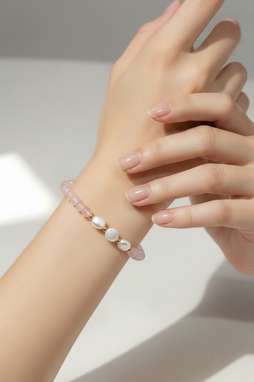 Bracelet Lithothérapie Love Quartz Rose - Cœurs Nacre Acier Inoxydable 15cm