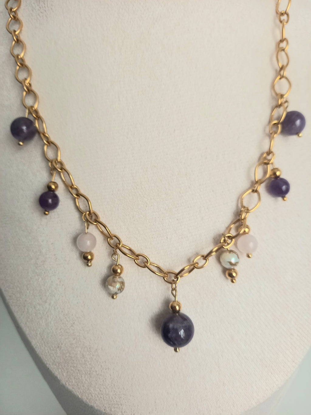 Collier Améthyste & Quartz Rose - Pierres Naturelles Acier Inoxydable  violetta 40cm