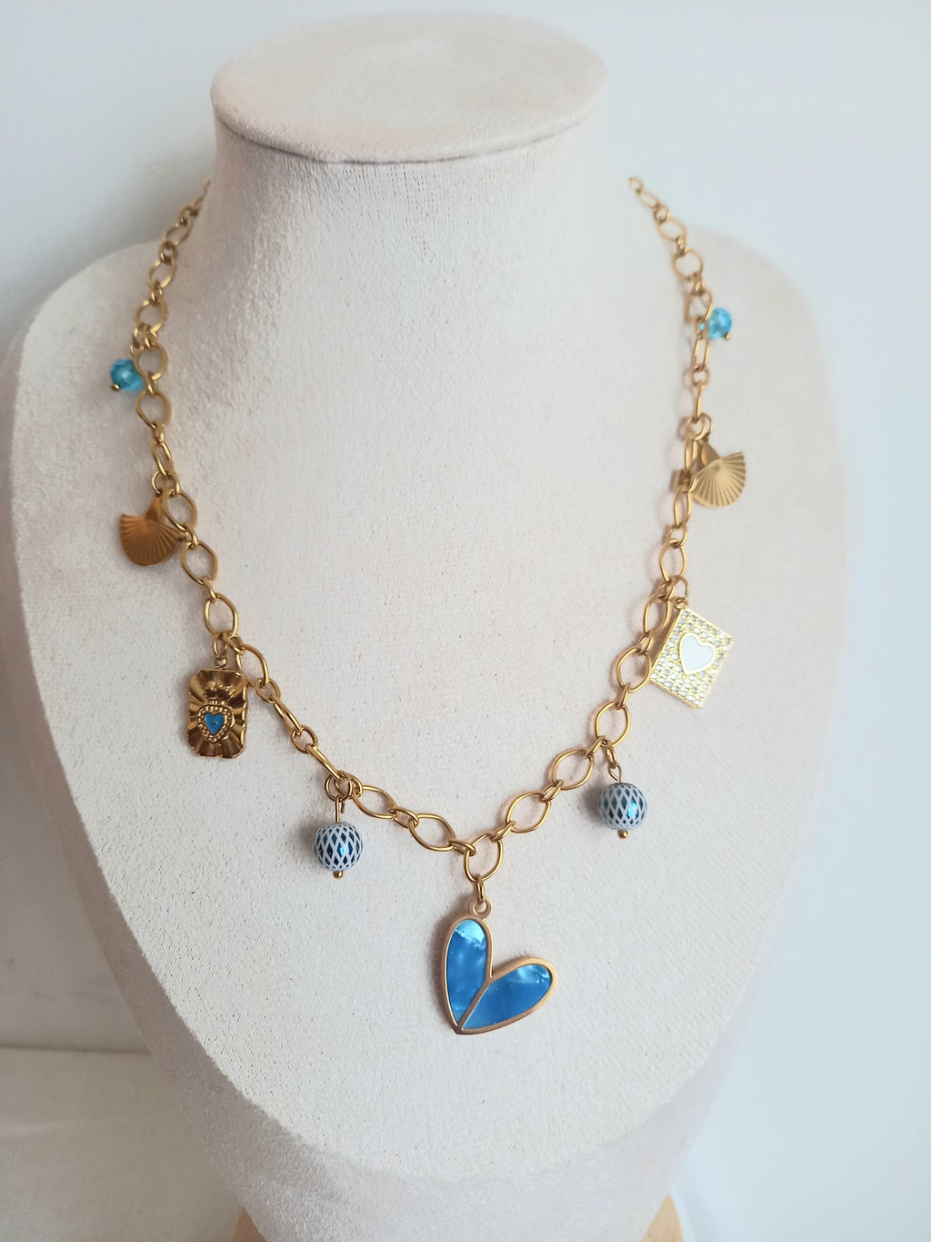 Collier Jana - Breloques Bleu, Verre Émail & Acier Inoxydable 40cm
