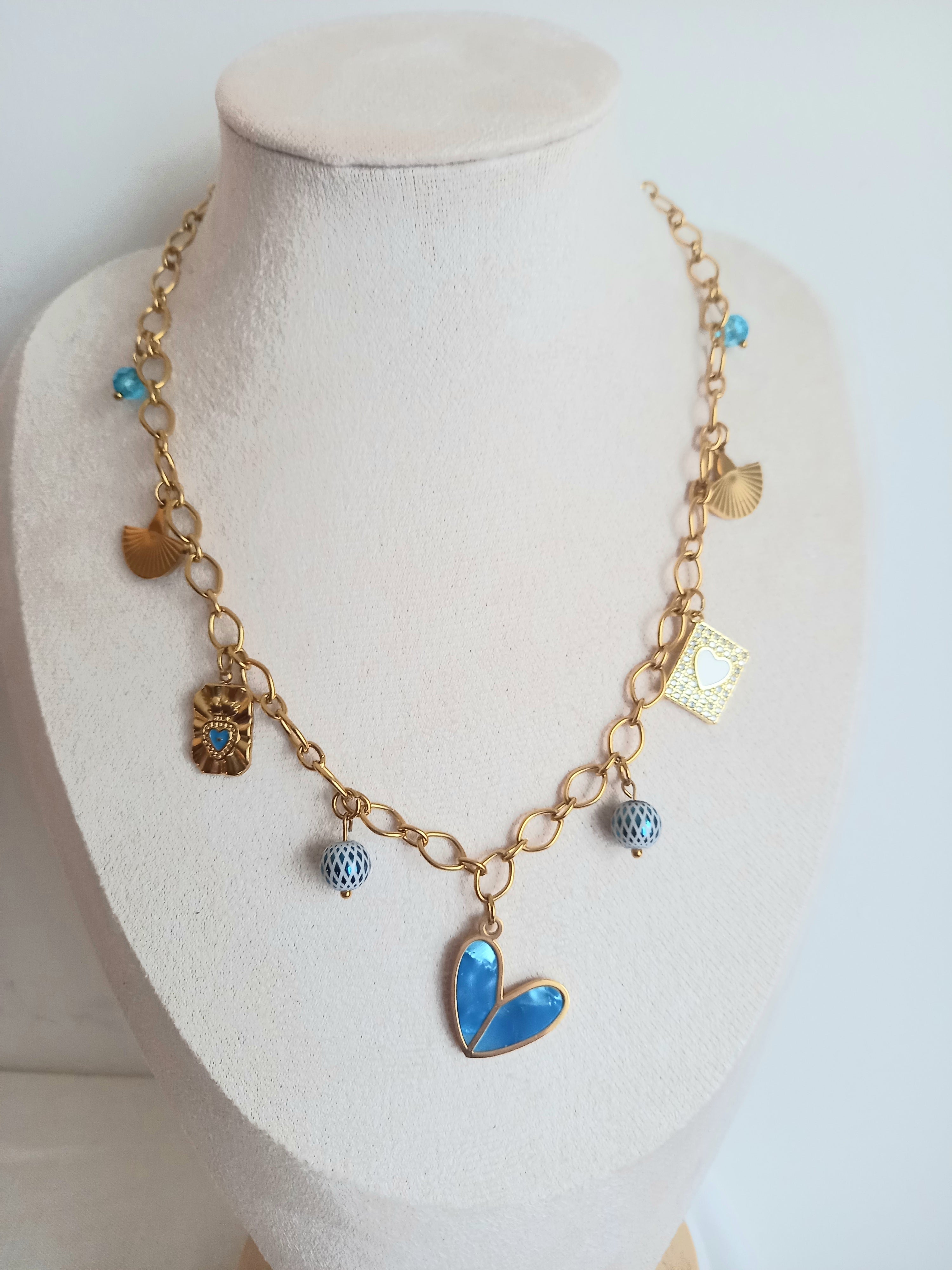 Collier Jana - Breloques Bleu, Verre Émail & Acier Inoxydable 40cm