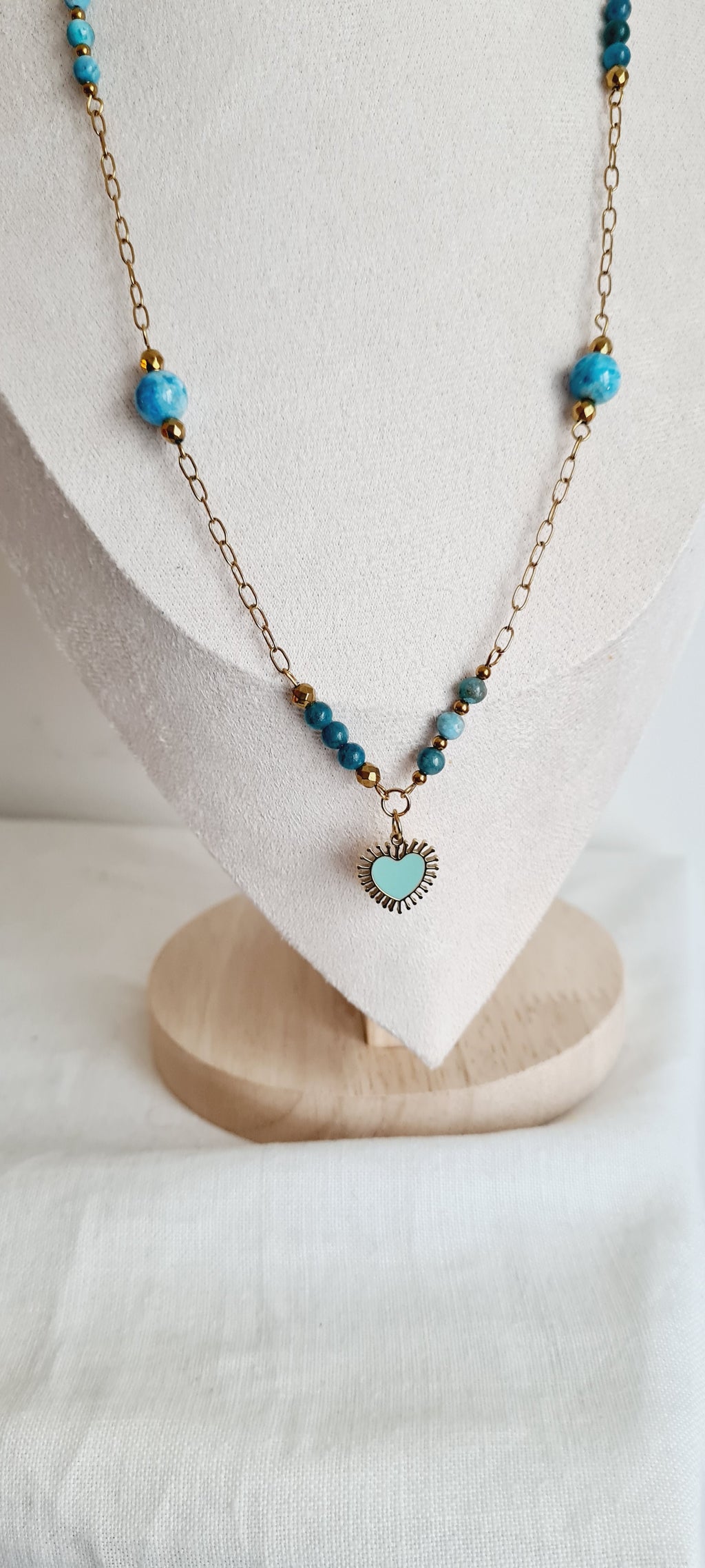 Collier lithotherapie pierre naturelle apatite , acier inoxydable Aline