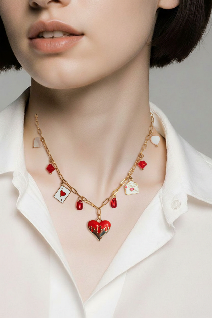 Collier rouge passion - Breloques acier inoxydable émail nacre 40cm