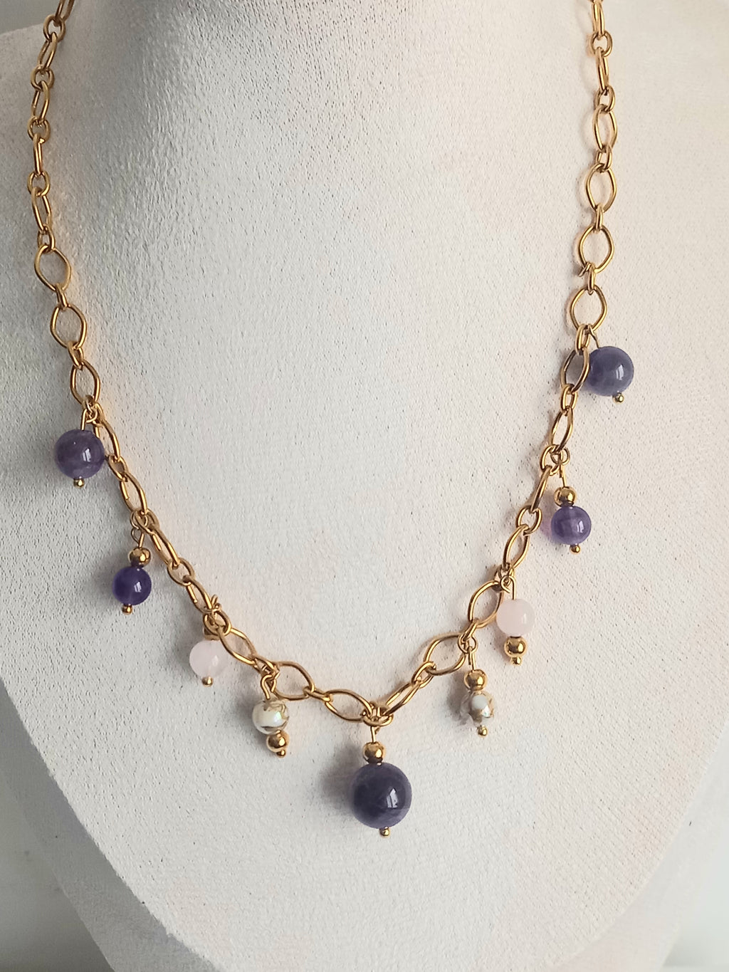 Collier Améthyste & Quartz Rose - Pierres Naturelles Acier Inoxydable  violetta 40cm