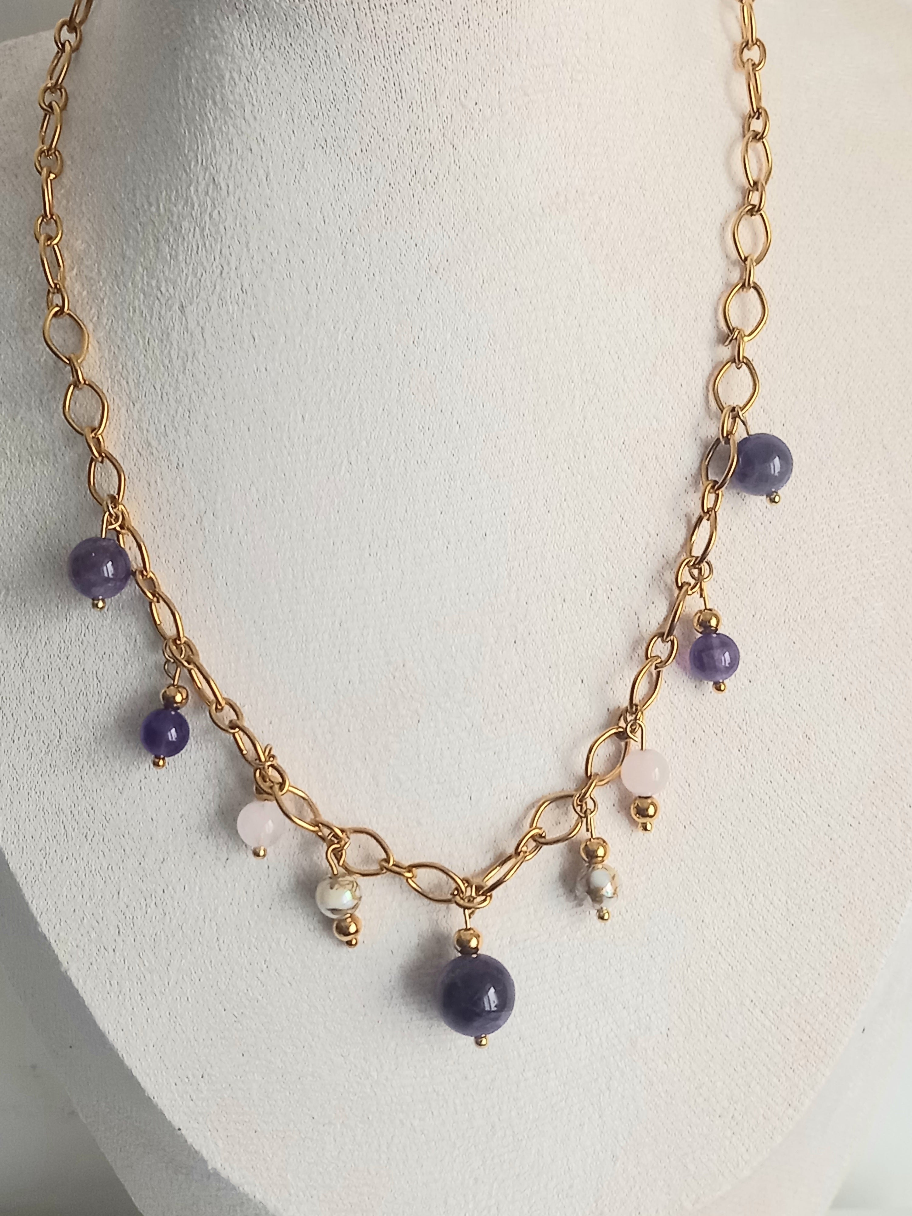 Collier Améthyste & Quartz Rose - Pierres Naturelles Acier Inoxydable  violetta 40cm