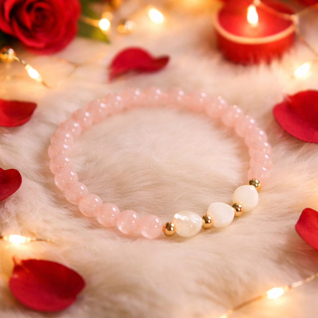 Bracelet Lithothérapie Love Quartz Rose - Cœurs Nacre Acier Inoxydable 15cm