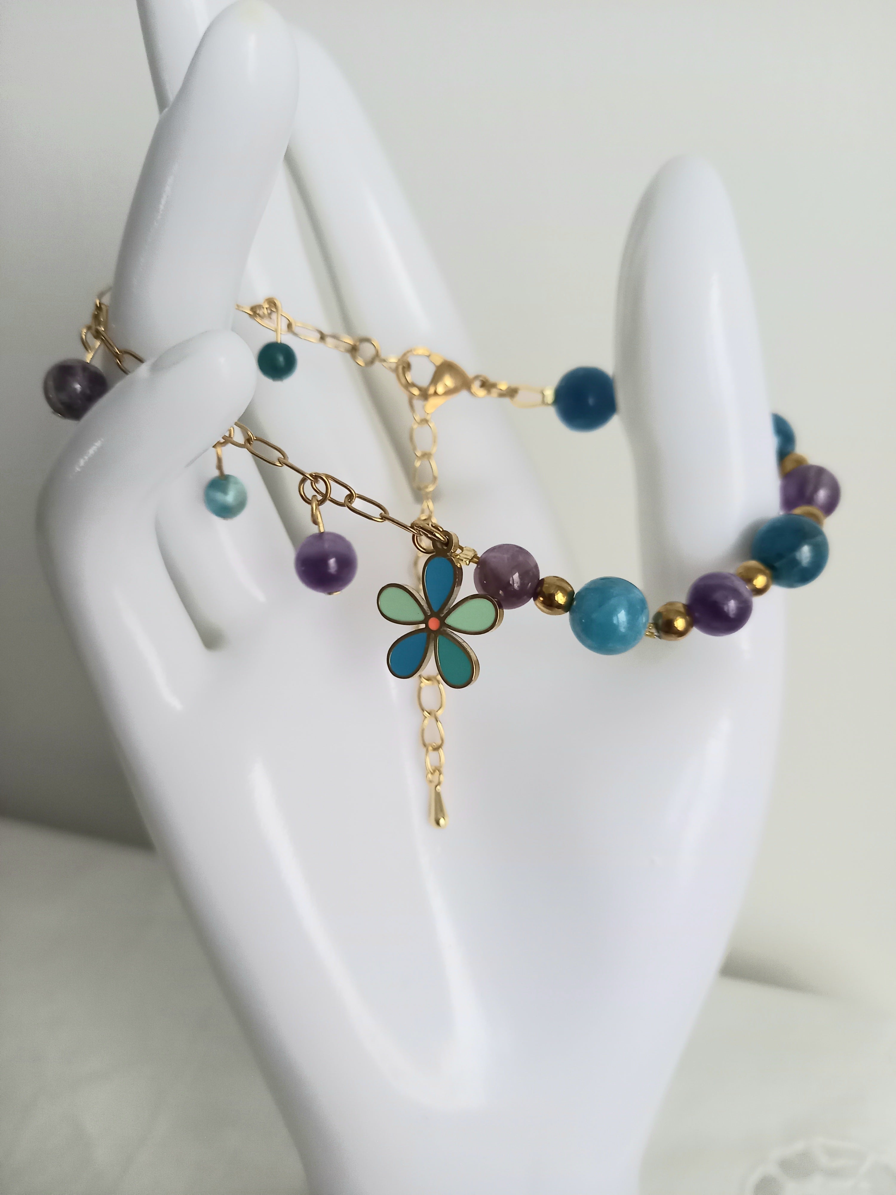 Bracelet améthyste apatite fleur - Pierres naturelles acier inoxydable