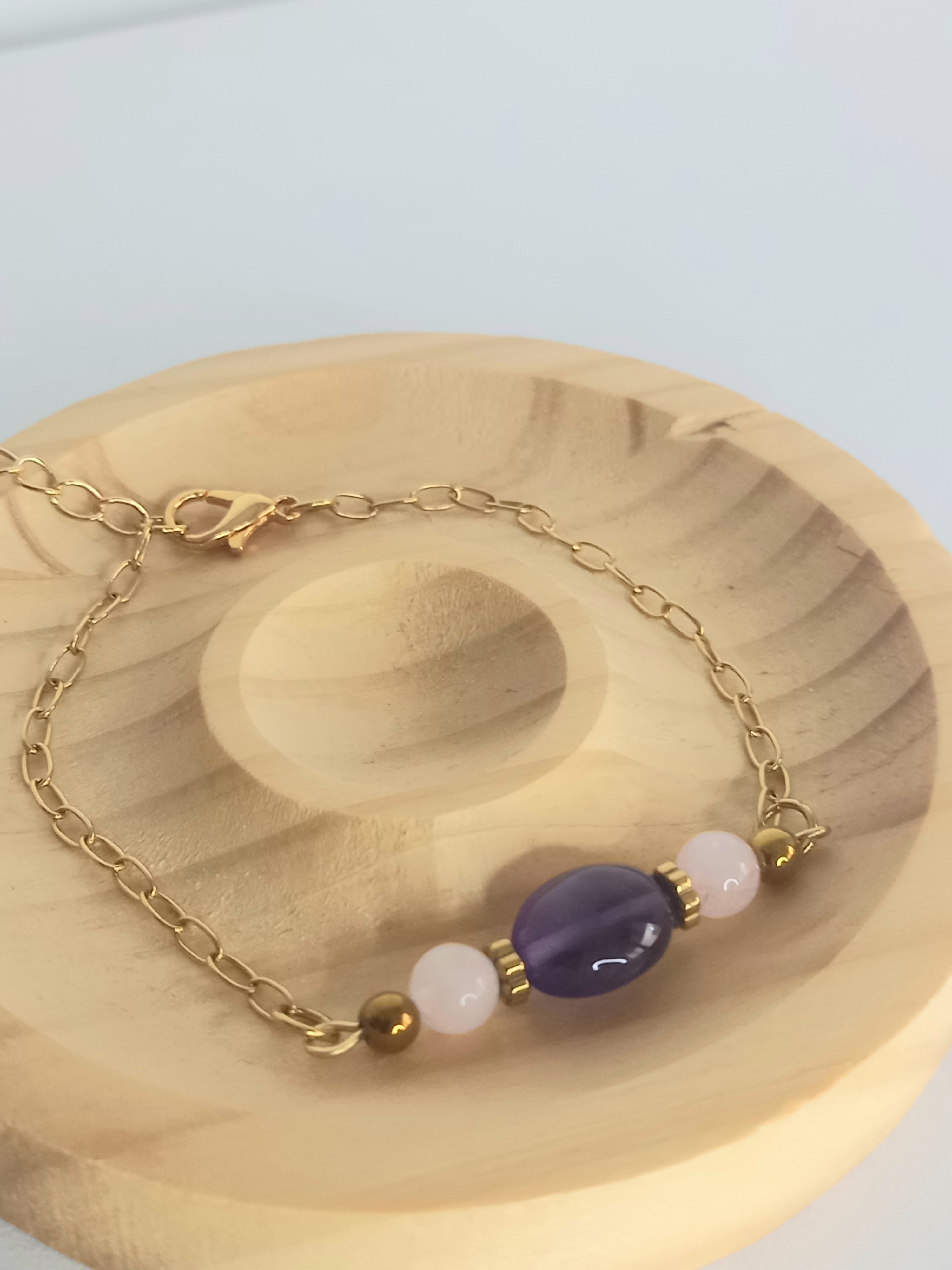 Bracelet améthyste quartz rose - Pierres naturelles acier inoxydable