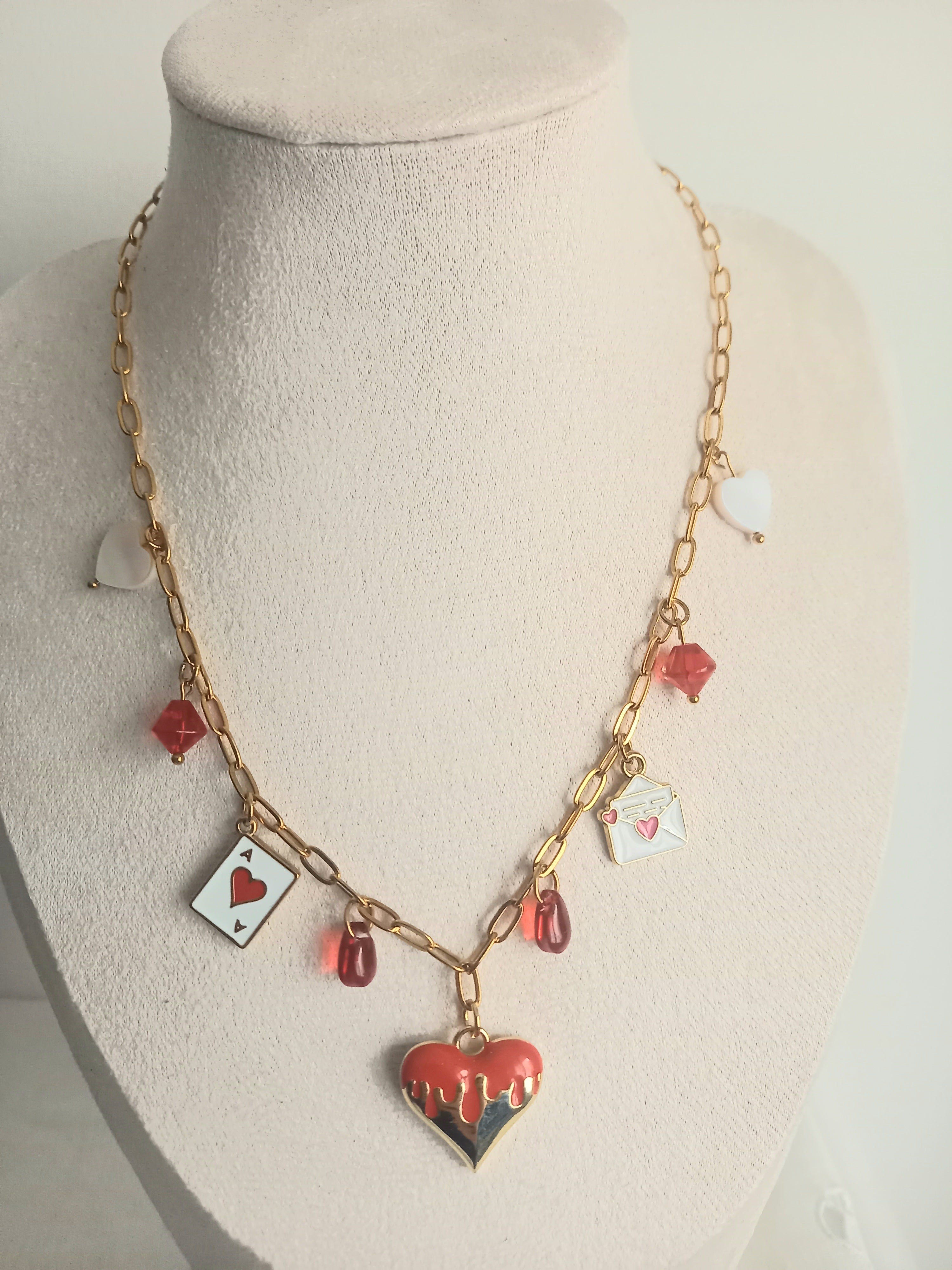 Collier rouge passion - Breloques acier inoxydable émail nacre 40cm