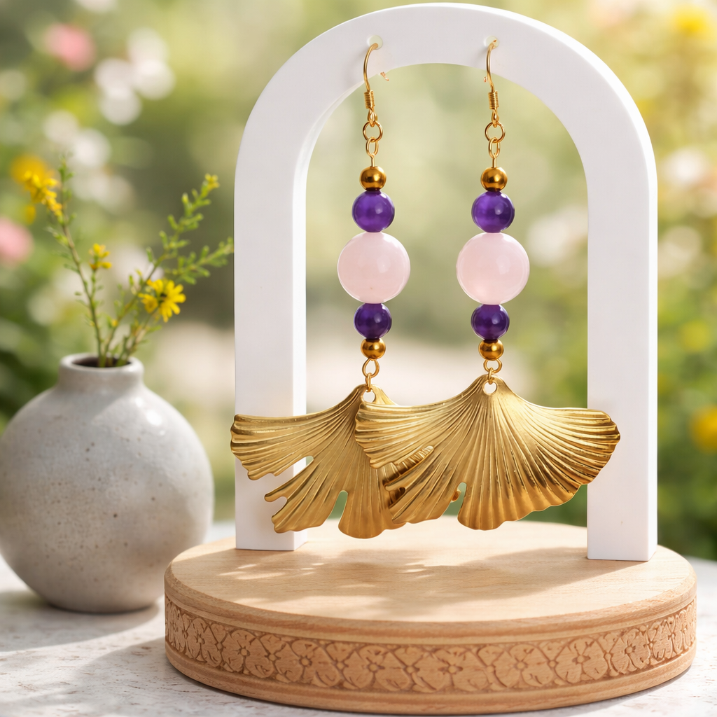 Boucles d'Oreilles Bohème Améthyste Quartz Rose - Feuille Ginkgo Lithothérapie 8cm